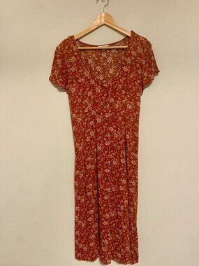 American Eagle 90s Floral Peasant Dress,Large, Button-Down, Red